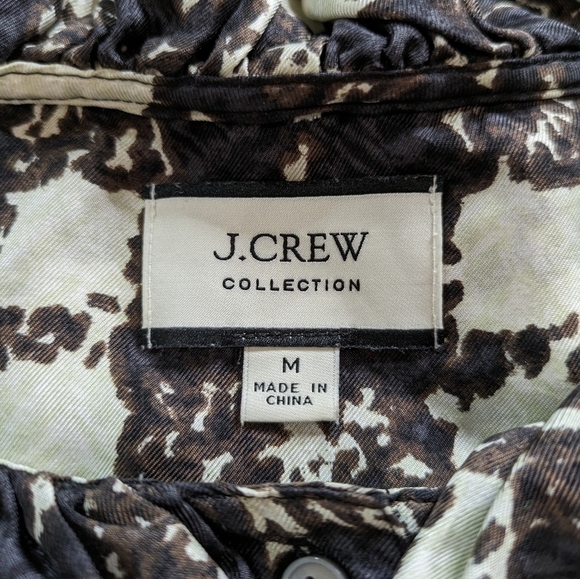 J Crew black brown cream plaid ruffle neck 100% silk button up M - Picture 6 of 8